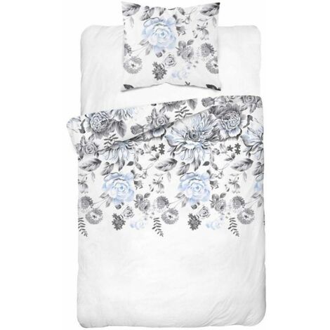 Parure de lit en coton 140x200cm Fleurs Bleu Cendre (1/5)