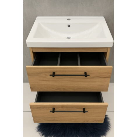 Meuble de salle de bain 50x40cm avec lavabo et 2 tiroirs – Chêne artisanal – Système de fermeture amortie – Montage autonome sur pieds