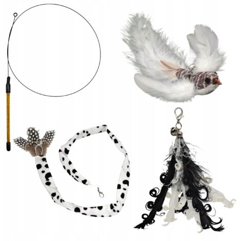 Canne à pêche pour chat, 3 jouets interchangeables avec clochette, plumes d'oiseau, queue, ensemble (1/5)