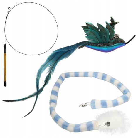 Canne à pêche pour chat, 2 jouets interchangeables, clochette et plumes pour queue de colibri, ensemble (1/5)