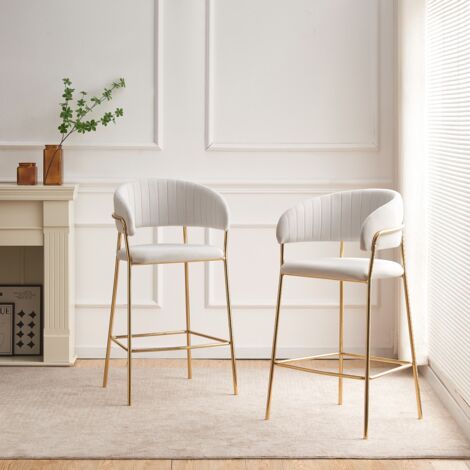Tabouret rembourré EROS en velours gris clair et pieds dorés (1/5)