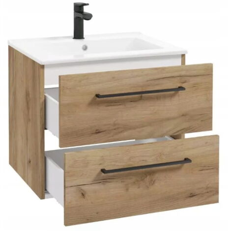 Meuble de salle de bain avec vasque, suspendu, en chêne artisanal, 60 cm, avec robinet et siphon Pinia
