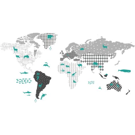 AUTOCOLLANT MURAL CARTE DU MONDE AVEC ANIMAUX 120 X 70 (1/4)