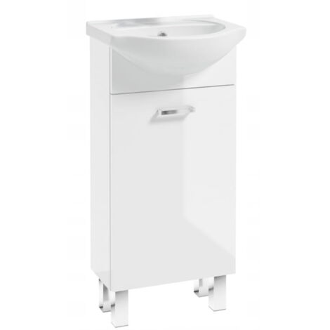 Meuble de salle de bain avec lavabo, blanc brillant, 40x84, sur pieds Mea, avec robinet chromé allongé (1/5)