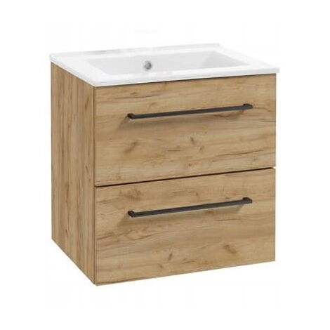 Meuble sous vasque suspendu 50 cm en chêne artisanal – Fermeture amortie – 2 tiroirs – Lavabo céramique inclus