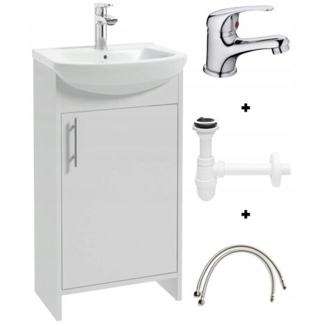 Ensemble meuble salle de bain blanc avec vasque céramique 45 cm – Robinet chromé – Siphon inclus – Style moderne compact (1/2)
