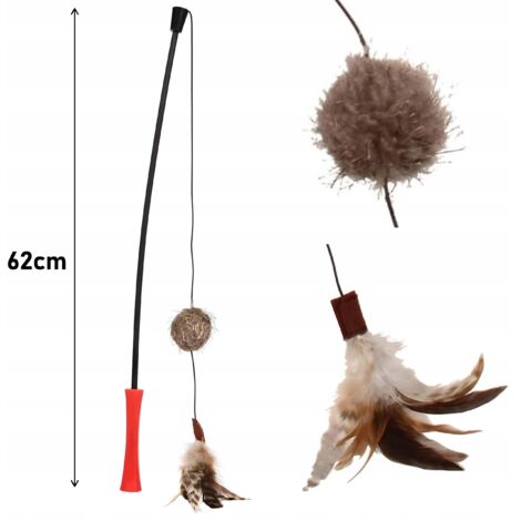 Canne à pêche pour chat avec peluches et plumes, jouet solide et durable 62 cm (1/5)