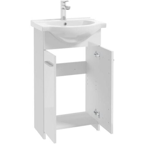 Meuble sous vasque simple blanc 50 cm – Lavabo intégré – Hauteur 85 cm – Panneau stratifié blanc laqué – Pour petites salles de bain