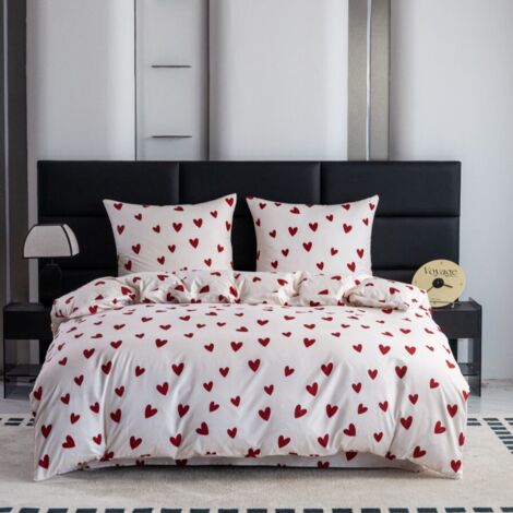 Parure de lit enfant en microfibre de coton 160x200 – Motif cœurs – Housse de couette et 2 taies d'oreiller – Lavable à 40°C