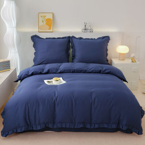 Parure de lit en coton premium 220 x 200 cm avec volants bleu marine (1/5)