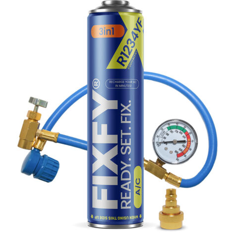 Kit de recharge de climatisation FIXFY 3 en 1 500 ml - GRAND BIDON + Tuyau + Adaptateur R1234yf