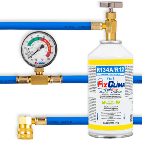 Kit de remplissage climatisation automobile R134A – Gaz réfrigérant 4 en 1 – Tuyau avec manomètre – Recharge rapide et facile