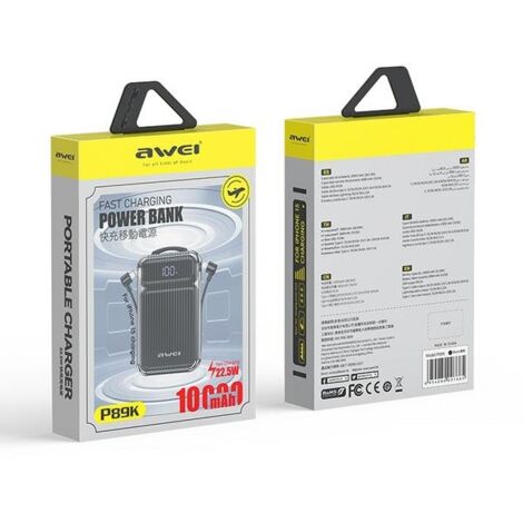 Batterie externe AWEI P89K 10 000 mAh 38,5 W avec câbles PD/Lightning Noir (1/5)