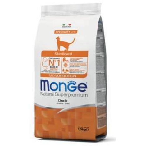 Croquettes monoprotéinées Monge pour chats stérilisés au canard 1,5 kg