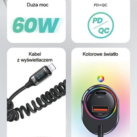 Chargeur de voiture USB/USB-C à charge rapide USAMS PD 60 W, noir