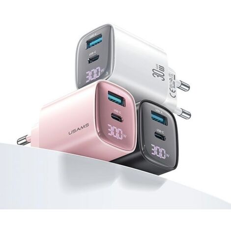 Chargeur mural USAMS GaN 30 W, charge rapide USB-C/USB-A, noir (1/4)