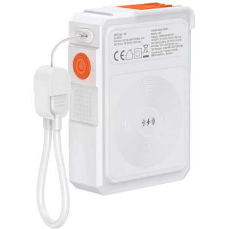 Chargeur hybride 4smarts 6-en-1 USB-C/USB-A PD 20 W avec batterie externe 10 000 mAh, charge par induction Qi, câble USB-C, support 360°, blanc