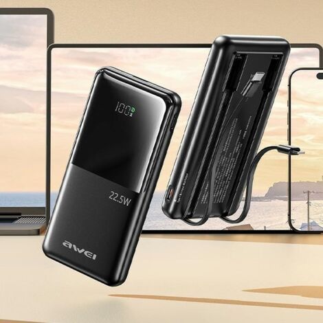Batterie externe Awei P76K 10 000 mAh 22,5 W avec écran numérique, noire (1/5)