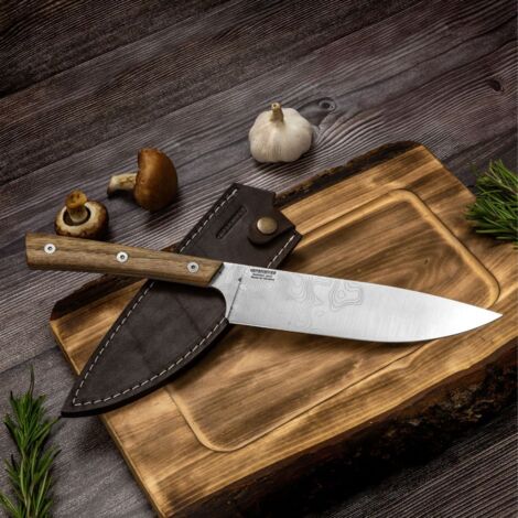 Couteau de cuisine BPS Knives Rosemary en acier inoxydable 5Cr14MoV, bois de noyer, étui en cuir marron