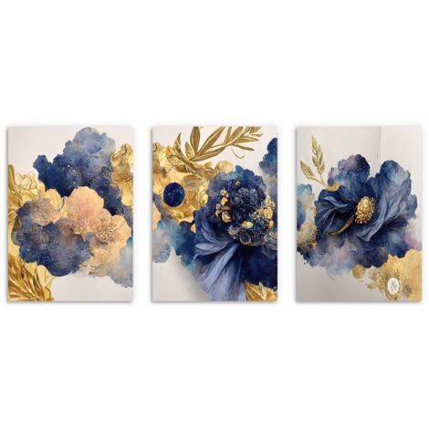 Affiches modernes pour le mur du salon, fleurs bleu marine et or 3x 50x70
