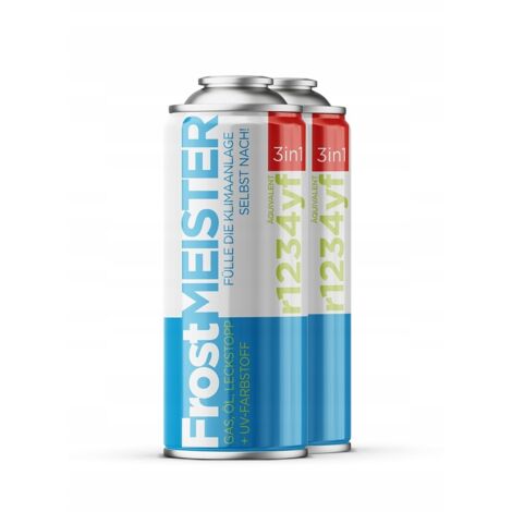 Additif carburant Frostmeister 3w1 400ml – 2x Puszka R1234yf – Installation rapide en 10 minutes – Compatible tous véhicules R1234yf