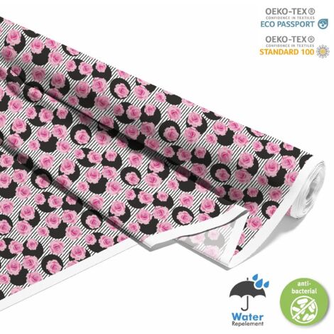 TISSUS DÉCORATIFS D'EXTÉRIEUR OXFORD - Motif roses et cercles sur rayures (1/5)