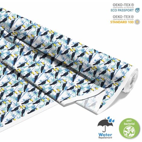 TISSUS DÉCORATIFS D'EXTÉRIEUR OXFORD - Motif Toucans sur Palmiers I DX152 (1/5)