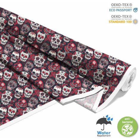 TISSUS DÉCORATIFS D'EXTÉRIEUR OXFORD - Motif tête de mort avec motif floral (1/5)