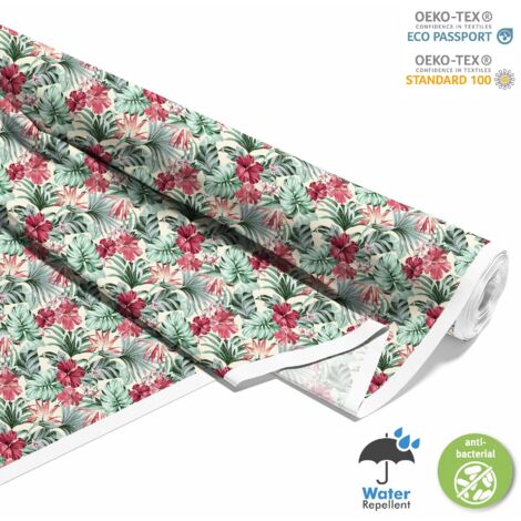 TISSUS DÉCORATIFS EXTÉRIEURS OXFORD - Motif Hibiscus sur les feuilles (1/5)