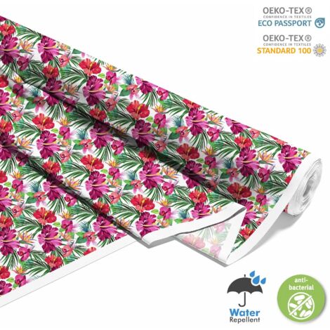 TISSUS DÉCORATIFS EXTÉRIEURS OXFORD - motif fleurs tropicales, hibiscus (1/5)