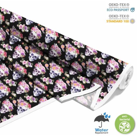 TISSUS DÉCORATIFS D'EXTÉRIEUR OXFORD - Motif tête de mort avec fleurs I DX549 (1/5)