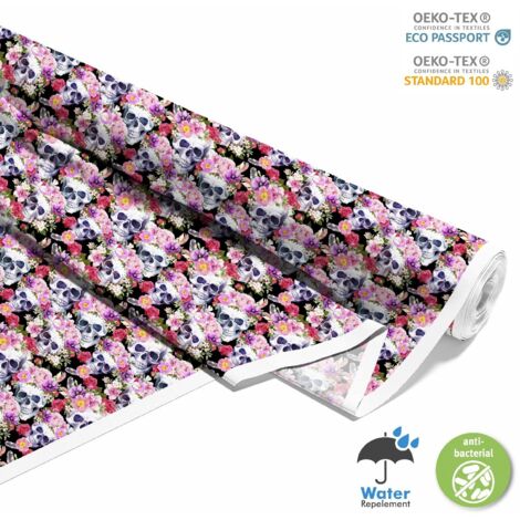 TISSUS DÉCORATIFS D'EXTÉRIEUR OXFORD - Motif Crânes et Fleurs 2 I DX445 (1/5)
