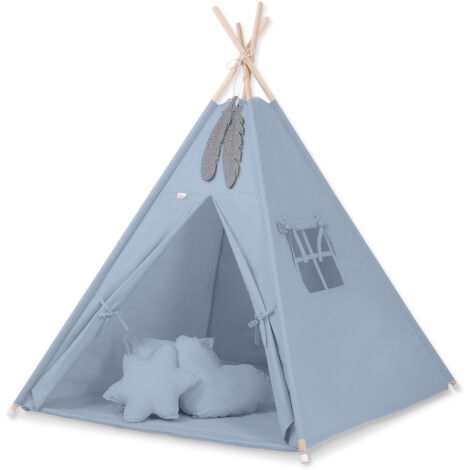 Tente tipi pour enfants + tapis + oreillers + pendentifs en plumes - bleu sale