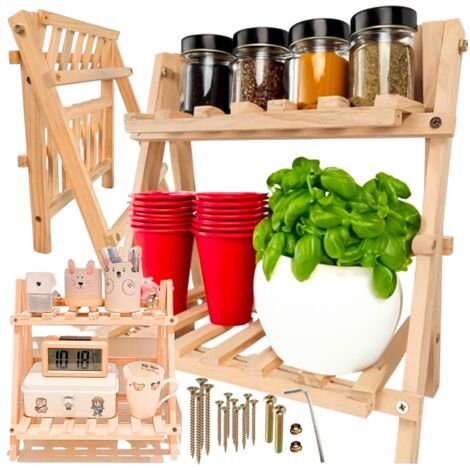 Étagère pliable à deux niveaux en bois pour cuisine, garage ou autre pièce.