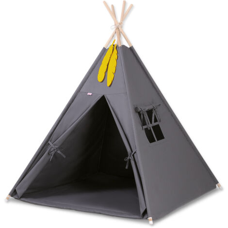 Tente tipi pour enfants + tapis + pendentifs en plumes - anthracite