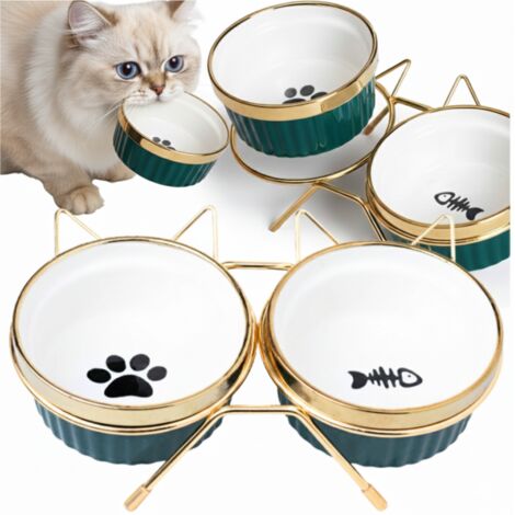 Lot de 2 gamelles doubles de 300 ml pour chat et chien, sur support, en céramique, à oreilles dorées, PetJet