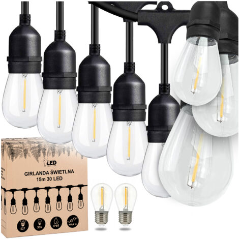 Guirlande lumineuse de jardin 15 m x 30 ampoules E27 étanche IP65, utilisable toute l'année