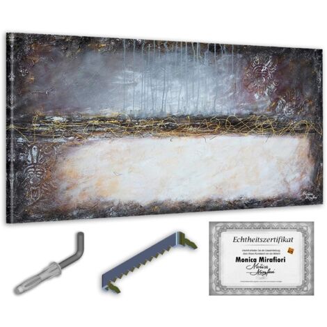 Monica Mirafiori 100 % peint à la main Tableau Plume dorée 140 x 70 cm Peinture peinte à la main Peinture acrylique Très grand tableau acrylique Art moderne Tableaux d'art (1/5)