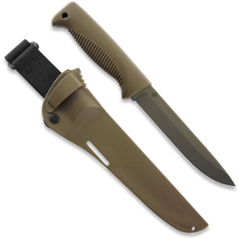 Couteau Peltonen M95 Ranger Puukko Sissipuukko FJP060, acier 80CrV2 avec revêtement Cerakote FDE, manche en TPE Coyote, étui composite Coyote (1/3)