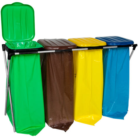 Support de sac poubelle 120L pour tri sélectif – 4 couvercles colorés pour déchets verre, plastique, papier, bio – Montage rapide et facile