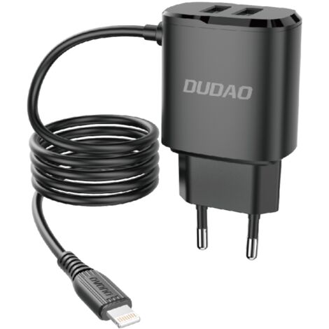 Chargeur mural USB 2x avec câble intégré pour iPhone Lightning 12 W Noir (1/3)