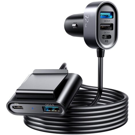 Chargeur voiture 5 appareils 2xPD + 2xQC3.0 72W 1,5m noir (1/7)