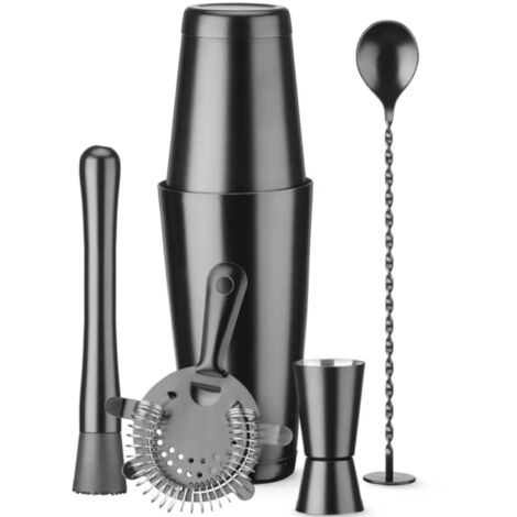 Ensemble de barman dans un tube, shaker, doseur, passoire, pilon, cuillère - noir (1/5)