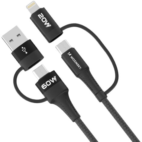 Câble universel 4 en 1 2x USB-C 1x USB-A 1x Lightning 60W 1m Noir (1/5)