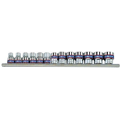Jeu de 13 douilles 12 pans 3/8' sur rail – Dimensions 1/4' à 13/16' – Compatible outils 3/8' – Pour mécanique et bricolage – King Tony