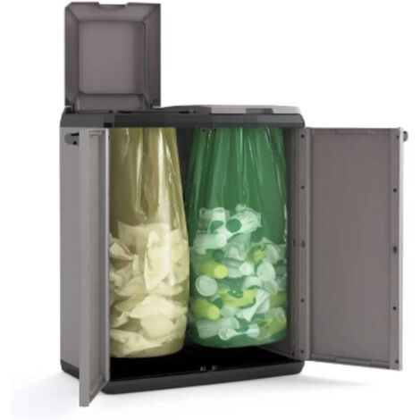 Keter – Poubelle d'extérieur 220 L – Polypropylène résistant aux UV – 2 compartiments 110 L – Couvercle à ouverture manuelle – Étiquettes pour tri sélectif