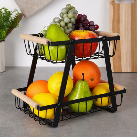 Panier à fruits et légumes à deux niveaux, métal noir, plateau
