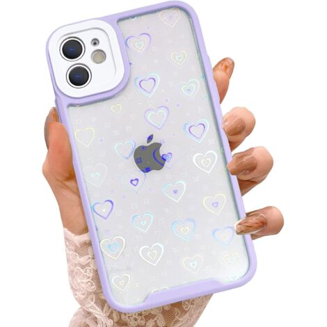 COQUE APPLE IPHONE 11 CADRE VIOLET DOS TRANSPARENT HOLO COEURS (1/5)