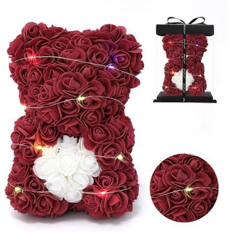 OURS EN PELUCHE EN PÉTALES DE ROSE LED BORDEAUX DANS UNE BOÎTE IDÉE CADEAU SAINT-VALENTIN 25CM (1/5)