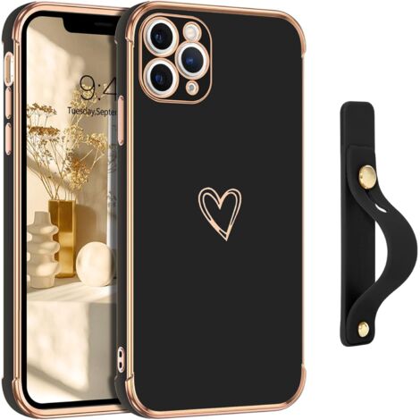 COQUE NOIRE POUR IPHONE 11 PRO, CADRE DORÉ RÉSISTANT, SUPPORT CŒUR (1/5)